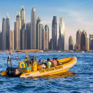 Yellow Boats 99 Minutes Premium Tour cruising along Dubai coastline with Atlantis The Palm, Palm Jumeirah, and Dubai skyline views