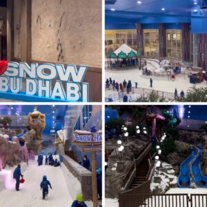 Snow Park Abu Dhabi indoor winter wonderland with snow slides, tubing rides, kids playing in snow, and families enjoying the Day Pass and Premium Ticket adventures at Reem Mall