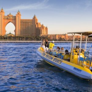 Yellow Boat Dubai speed boat tour cruising past Atlantis and Dubai Marina with iconic skyline views