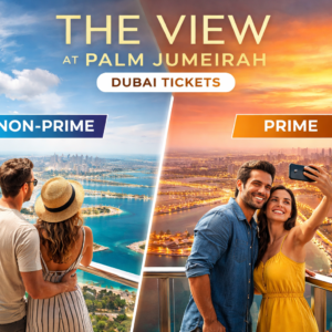 The View at Palm Jumeirah Dubai tickets showing observation deck with panoramic city and sea views, available for morning or sunset timing